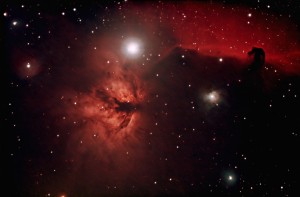 Flame and Horsehead Nebulae - Star birth regions near the belt stars in Orion